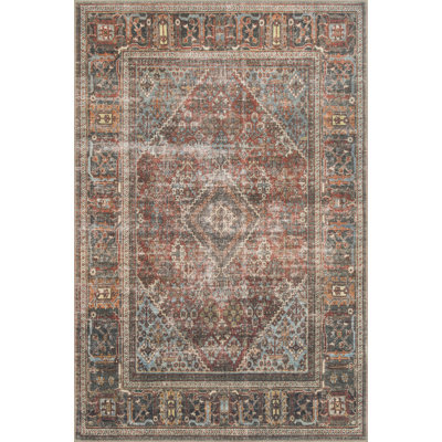 Tapis oriental rouge foncé, gris anthracite foncé et bleu clair Akrish