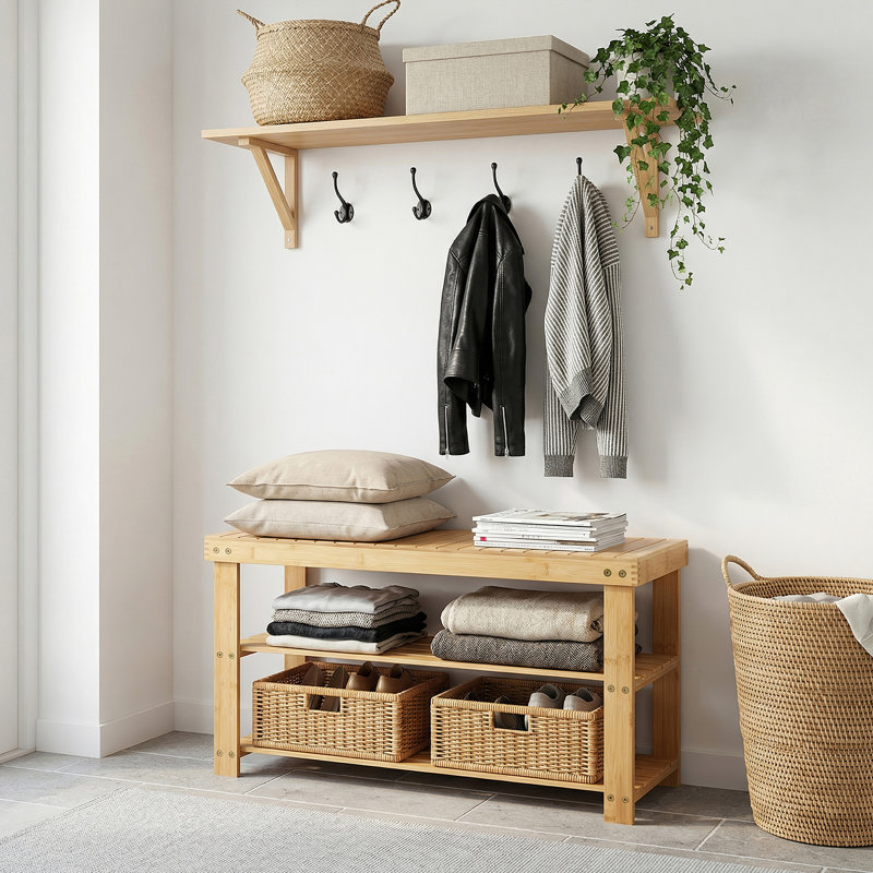Wood Shoe Storage Bench with Seating, Entryway Organizer, Sturdy Construction for Hallway, Natural, Natural Wood