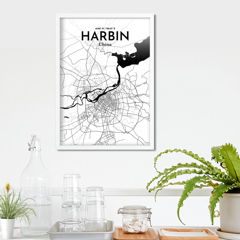 «Harbin City Map», impression, Noir / blanc, H 27,6 po x l 19,7 po