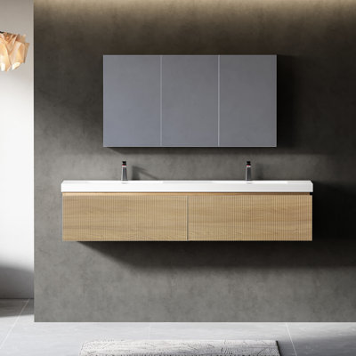 Striped Wall - Mounted Cabinet 72" Floating Vanity, Double Glossy White Sinks, Natural Oak Finish, Wave Textured Drawers, Silent Buffer, Fully Assembled Bathroom Vanity Storage With Solid Surface