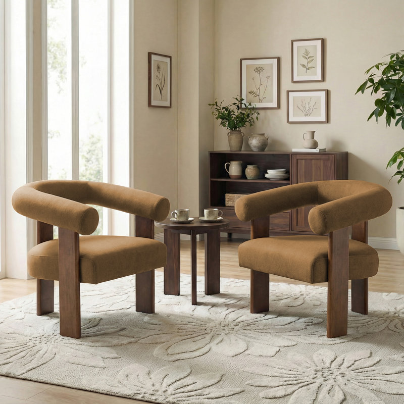 Ensemble de 2 chaises d'appoint en tonneau Mohair, 3 pieds en bois de noyer, Orange