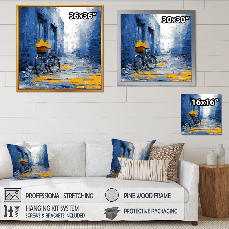 Vélo bleu sur toile, Cadre flottant doré, H 30 po x l 30 po x P 1 po
