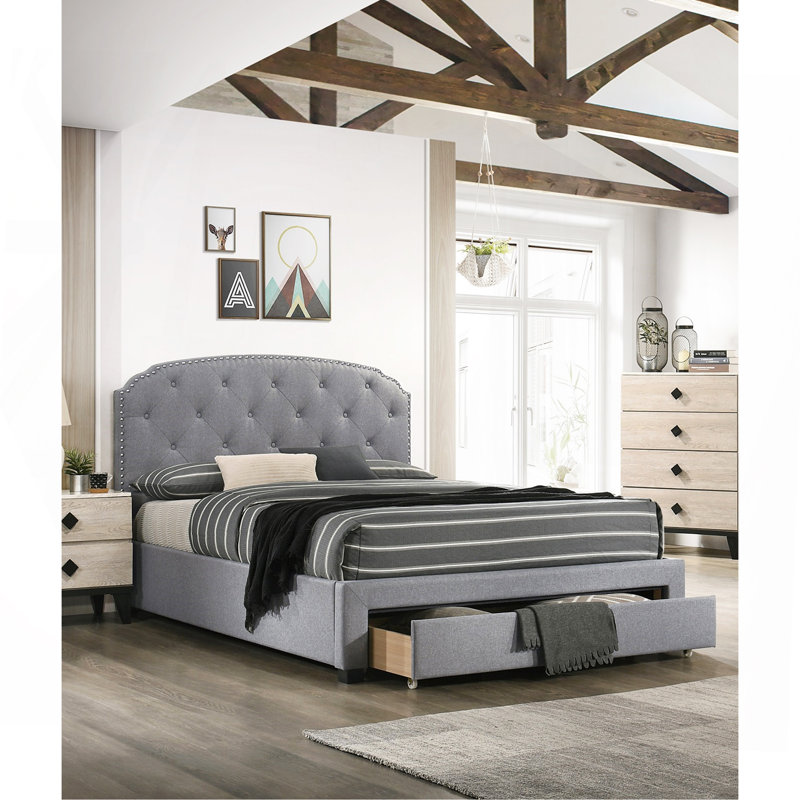 Mobilier de chambre à coucher tête de lit capitonné gris clair, Grand lit