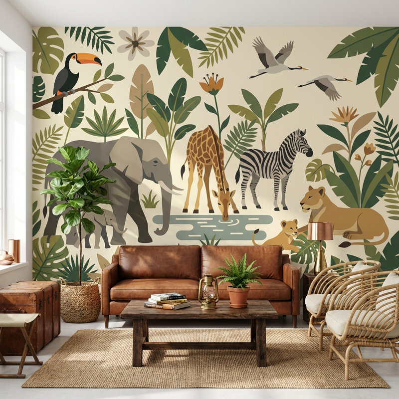 Papier peint animaux de la jungle, nature tropicale, 140 po x 108 po, Peler et coller