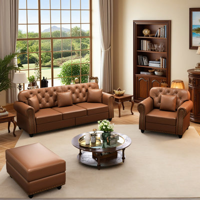 Ensemble de salon 3 pièces de style Mid-Century en similicuir avec repose-pieds, canapé Chesterfield moderne avec garniture cloutée et capitonné