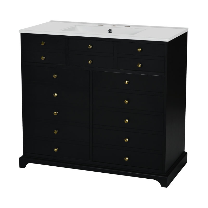 Meuble-lavabo de 36 po avec lavabo en céramique - structure en bois massif, 2 tiroirs d'extension, grand espace de rangement noir et tiroirs de construction