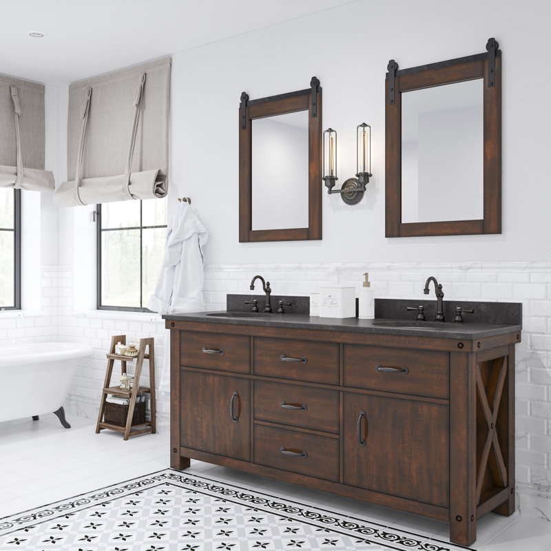 Aberdeen 72 In. Double Sink Blue Limestone Countertop Vanity In Rustic Sierra With Mirrors, Carrara White, Rustic Sierra