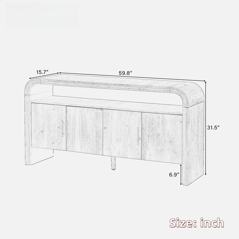 4-door Elegant Console Table With Natural Embossed Texture, Curved Edge And Metal Handles, Natural Wood