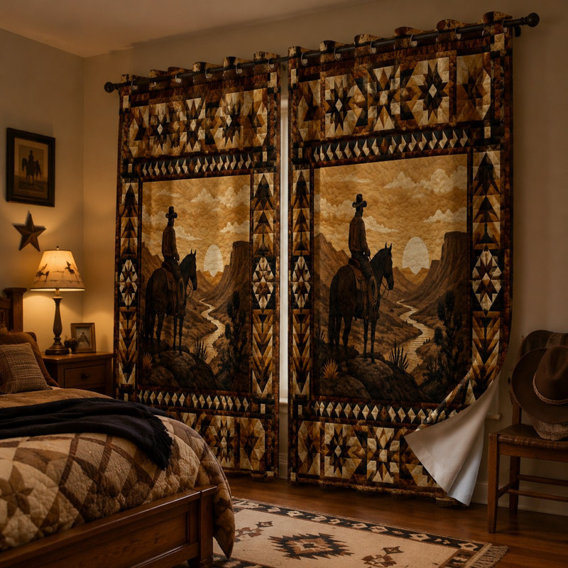 Ensemble de 2 rideaux occultants à œillets, motif western cowboy et équitation, imprimé vintage, réduction du bruit et protection de l'intimité, idéal pour obscurcir la pièce (chambre, salon, cuisine, décoration intérieure).