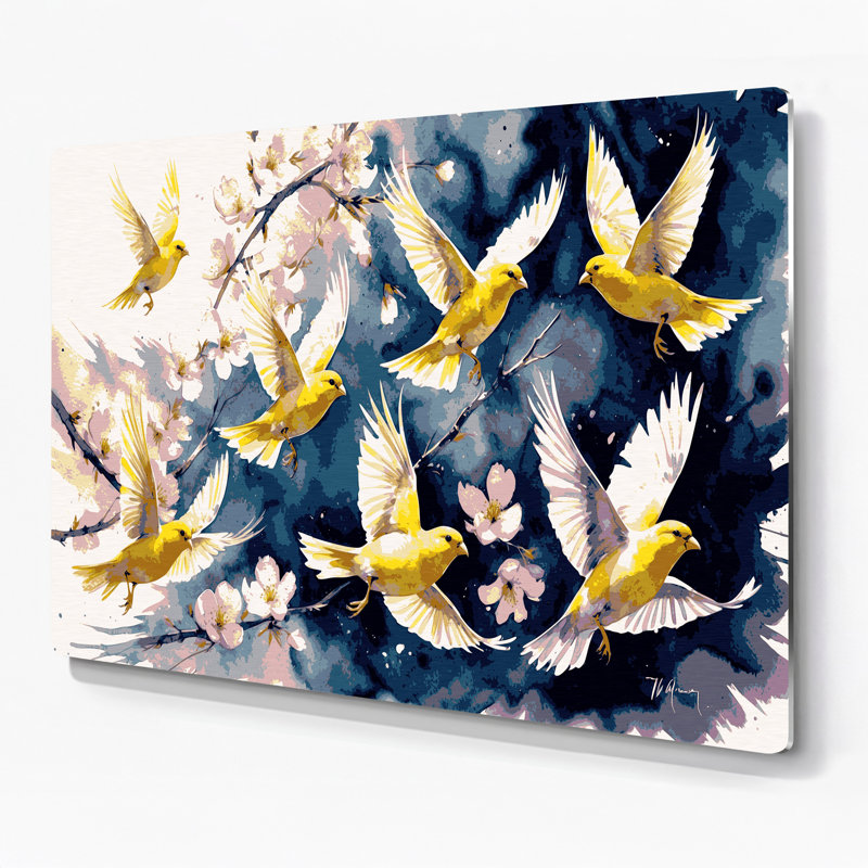 Oiseaux, art mural beige et canari, H 11 po x l 14 po