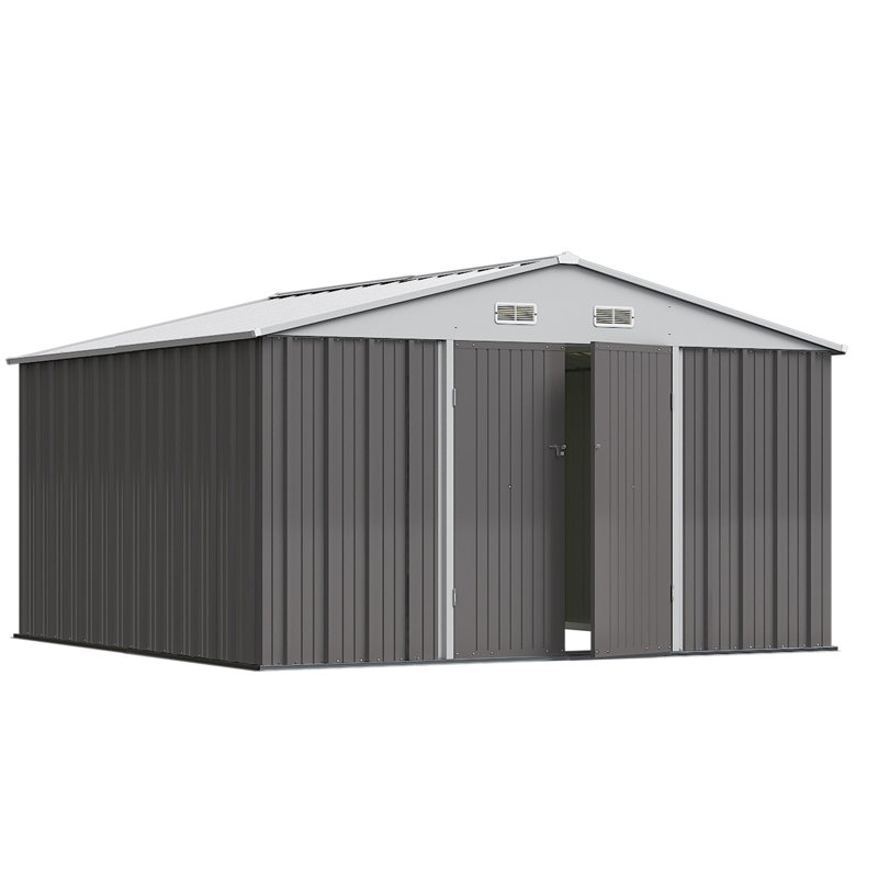 Outdoor Garden Metal Storage Shed with Lockable Double Doors, Gray, 76.4" H x 125.5" W x 120" D