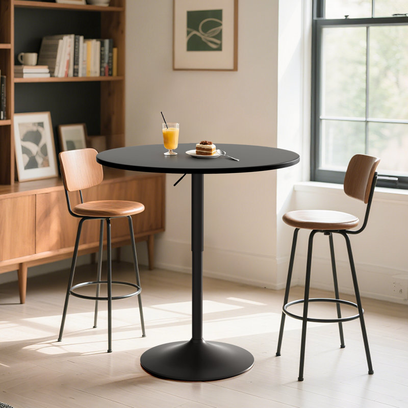 Hulker Round Pub Dining Table Height Adjustable With Wooden Tabletop Home Bar, Black