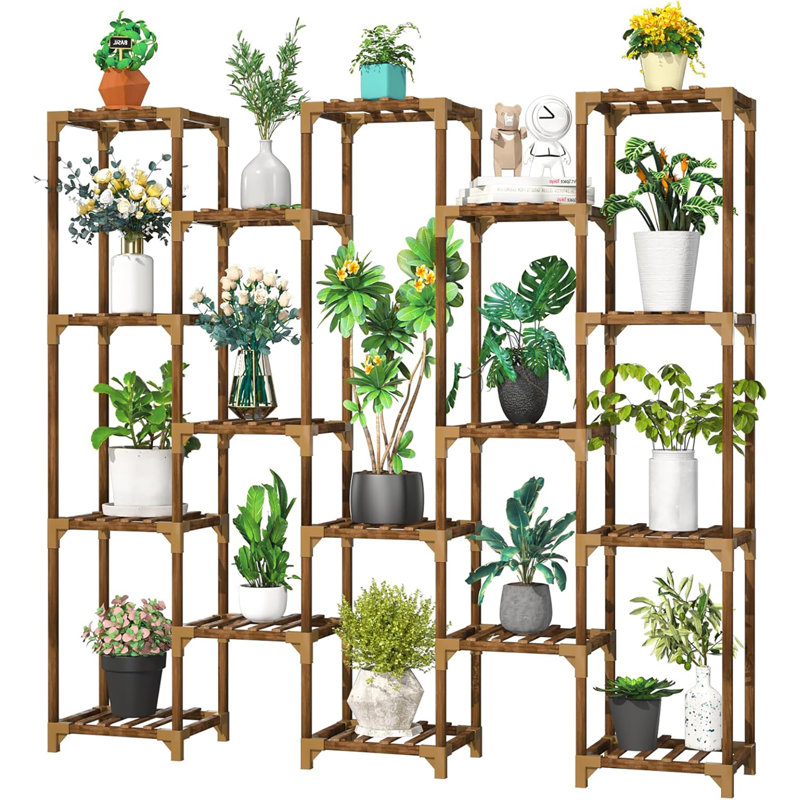 Support pour plante en bois à 17 niveaux, conçu pour mettre en valeur plusieurs plantes à l'intérieur et à l'extérieur