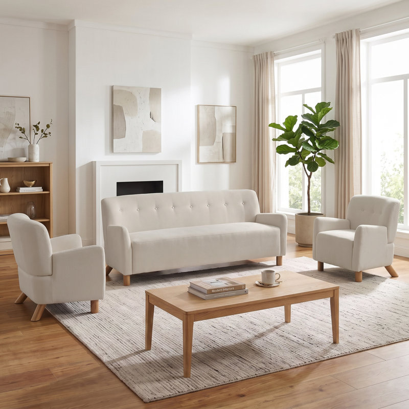Ensemble de canapé et fauteuils capitonnés 3 pièces Hearthline pour petit espace, Beige