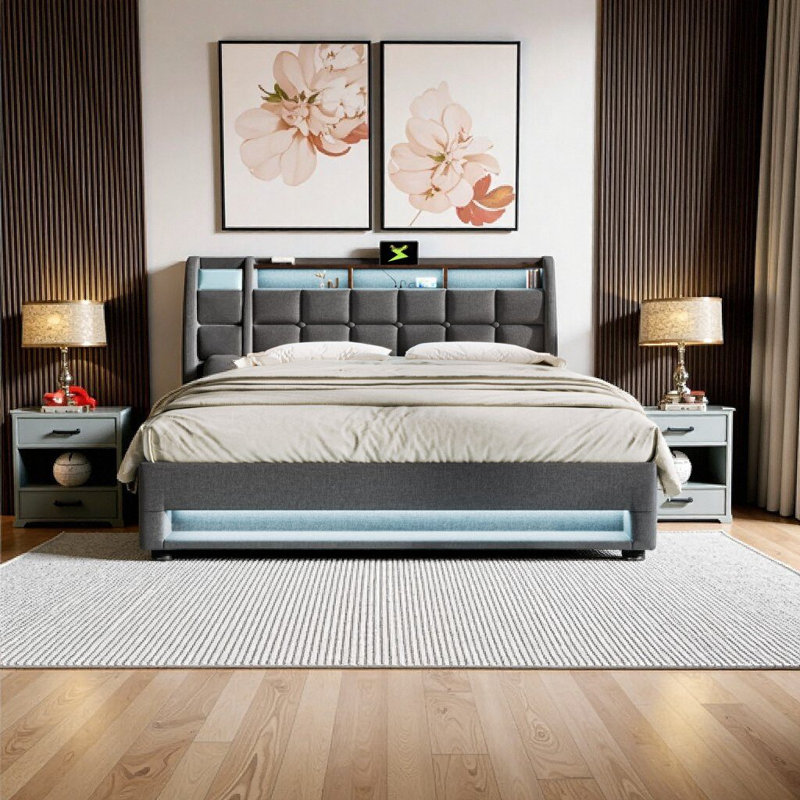 Grand lit de rangement rembourré moelleux avec élévateur hydraulique, lumières DEL à changement de couleur et chargement USB - gris moderne rétro