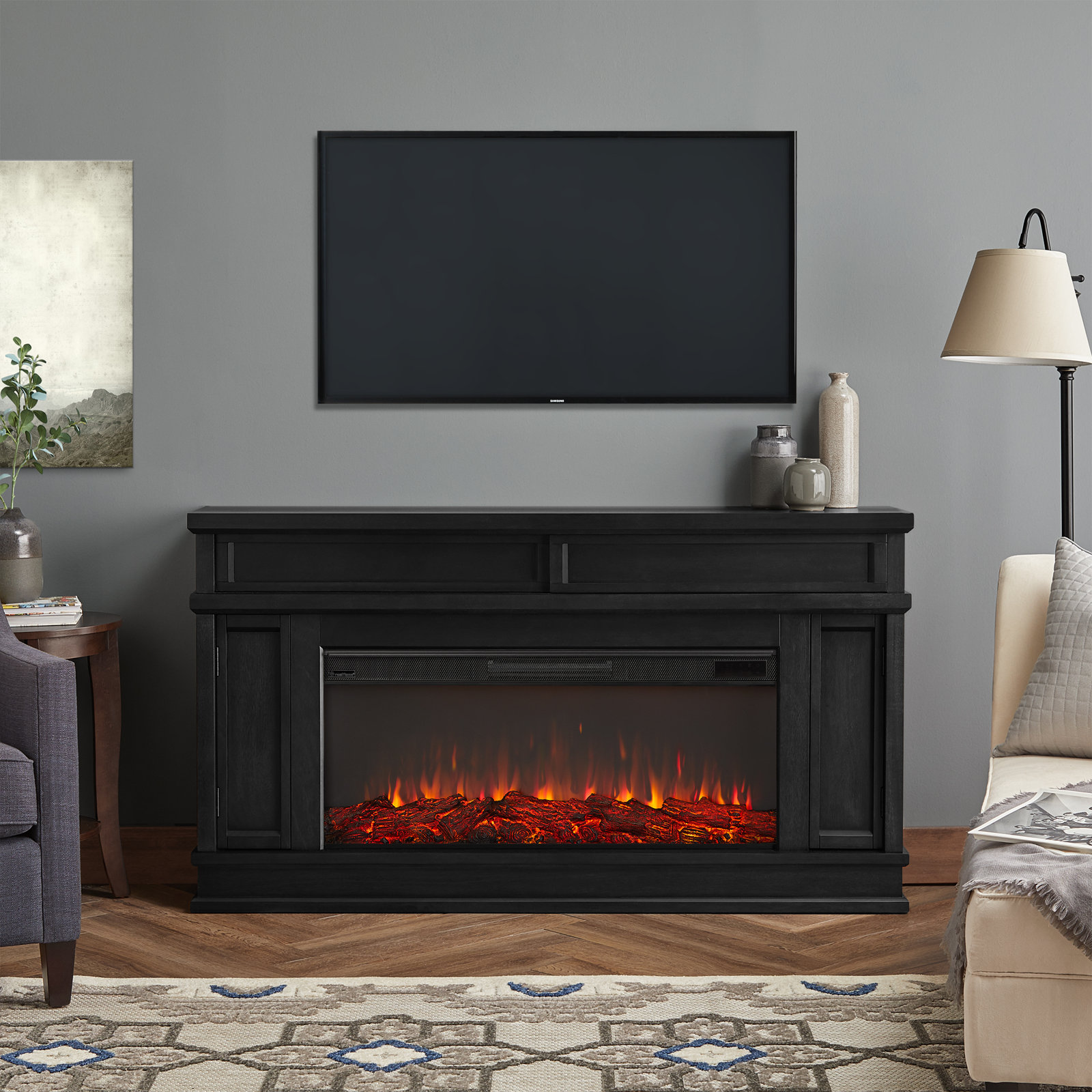 Torrey Landscape TV Stand with Electric Fireplace, Black, Standard