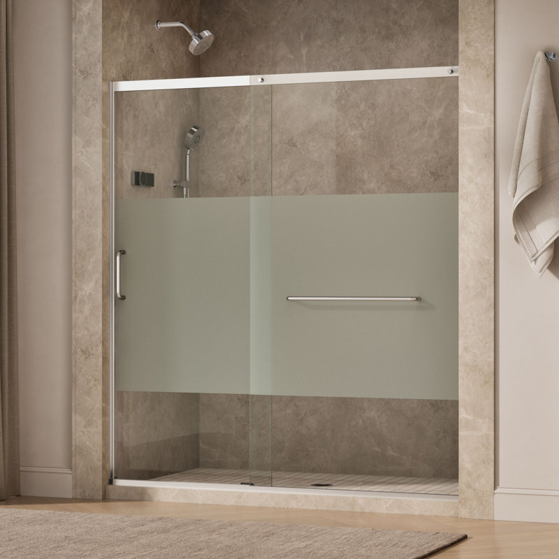 Sliding Shower Door, 75-1/2-In H X 68-1/4 - 71-5/8-In W, With Heavy 5/16-In Thick Crystal Clear Glass With Privacy Band