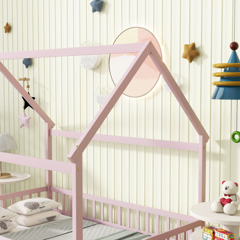 Full Size House Floor Wooden Bed With Roof Frame, Safety Guardrails,Pink, Full, Pink