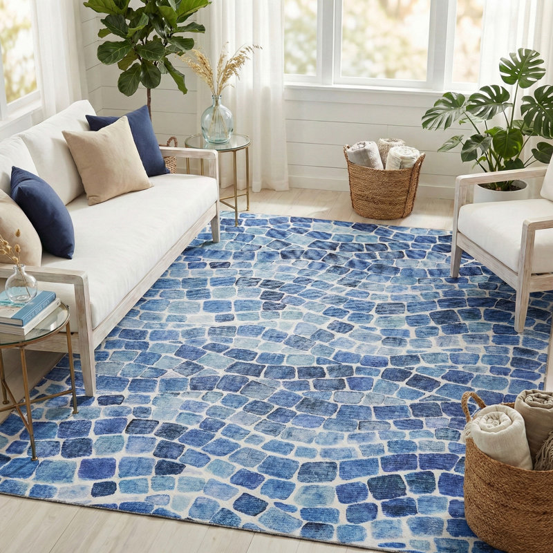 Tapis intérieur / extérieur lavable à la machine Emery, Rectangle 4pi x 6 pi, Blue