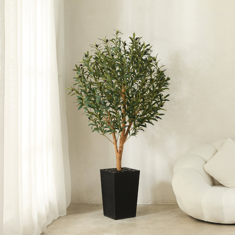 Olive artificielle George avec pot décoratif, faux olivier résistant aux rayons UV avec tronc naturel, Noir, noir, noir, noir