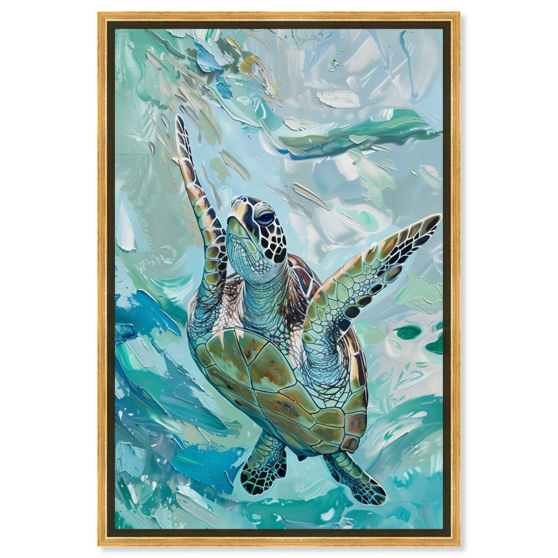 Serene Turtle Coastal Canvas Wall Art with Gold Frame
