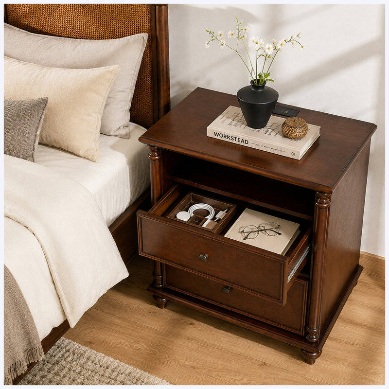 Table de chevet 28 po brun rustique avec station de charge intégrée, table de chevet à 2 tiroirs au fini noyer pour chambre à coucher