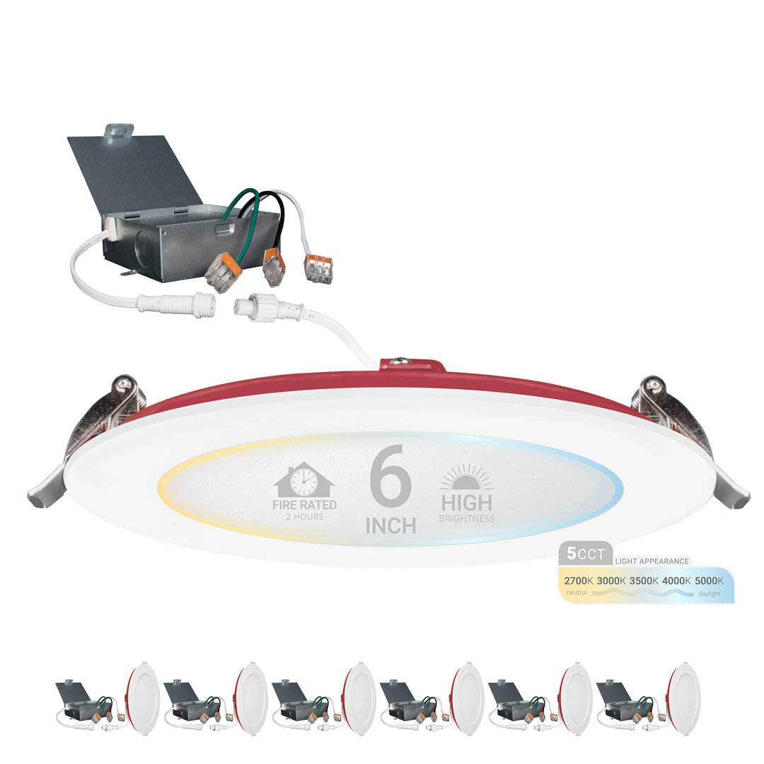 6 in. 2 HOUR Fire Rated Slim Canless LED Recessed Light 15W, 5CCT, 1200LM Dimmable IC Rated 6PK (Set of 6) NUWATT