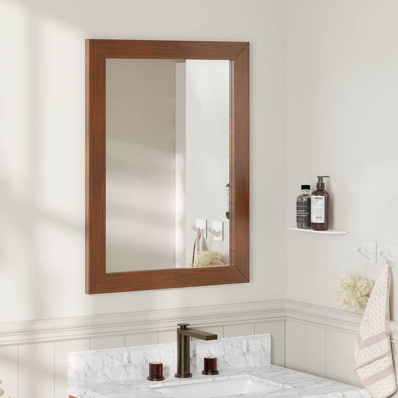 Miroir mural mural en bois massif, miroir droit de salle de bain de 5 mm,, 34 po x 23 po, Brun traditionnel