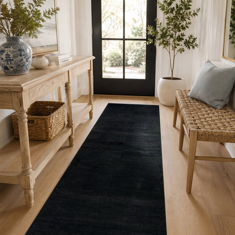 Solid Heathered Black Machine Washable Non-Slip Backing Area Rug, 2' x 6'