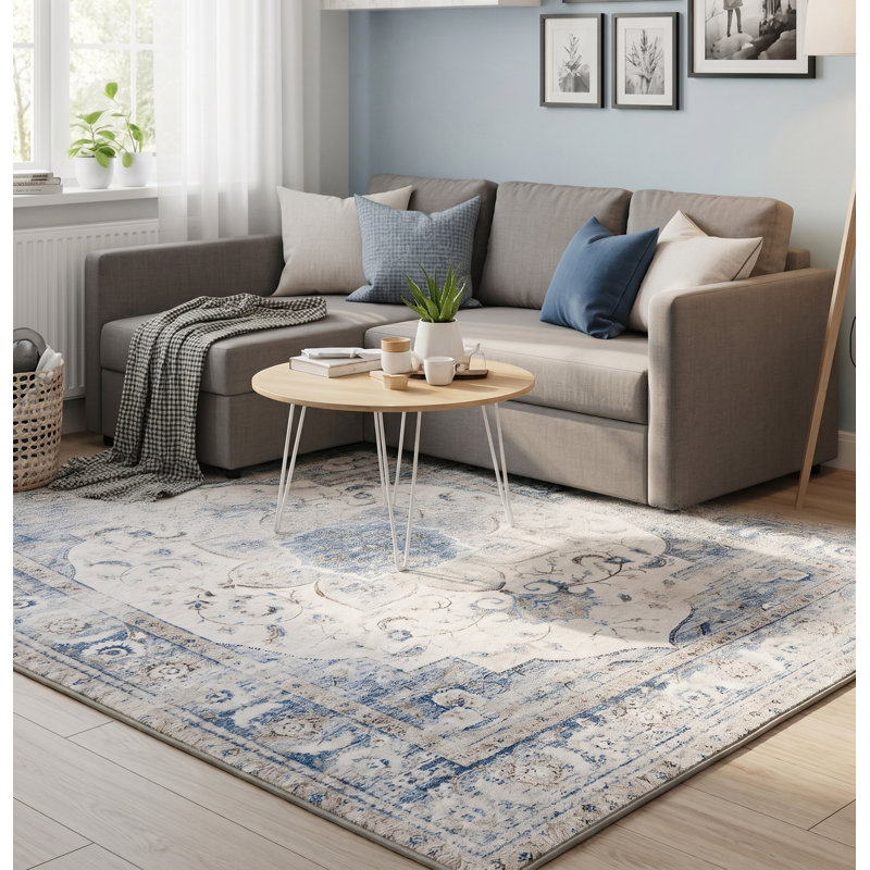 Tapis oriental bleu / ivoire Traditional Medallion, Rectangle 5 pi x 7 pi