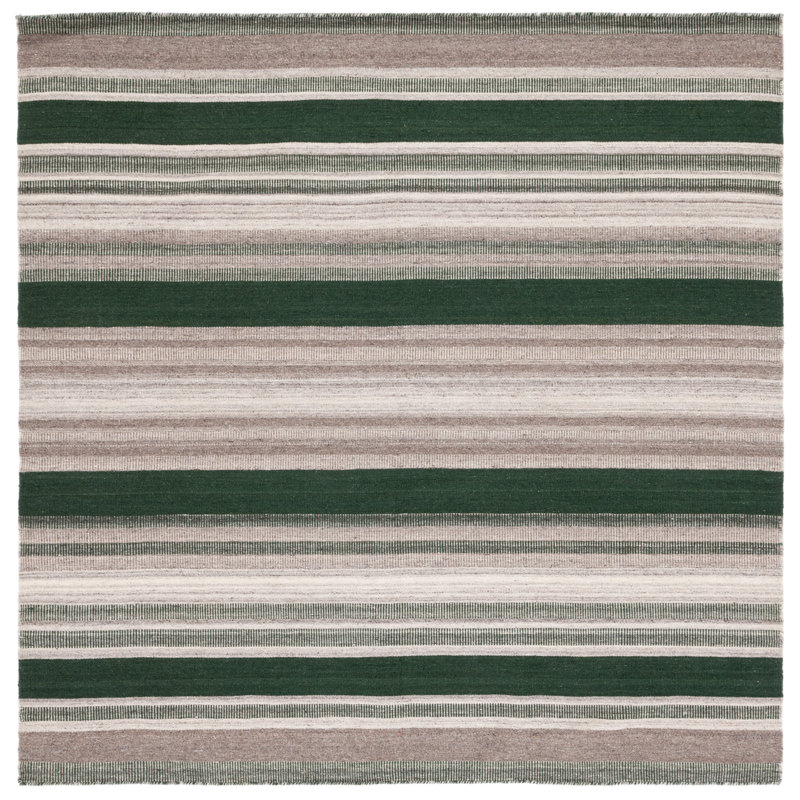 Dhurries Flat Weave Wool/Cotton Striped Rug in Green/Gray, Square 6'