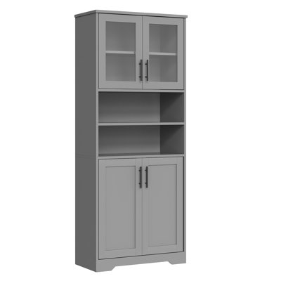 Armoire de rangement haute pour salle de bain – Armoire garde-manger moderne autoportante de 170 cm avec portes vitrées et étagères réglables – Organisateur de linge et de serviettes pour salle de bain, cuisine, salon – Gris pur, porte vitrée