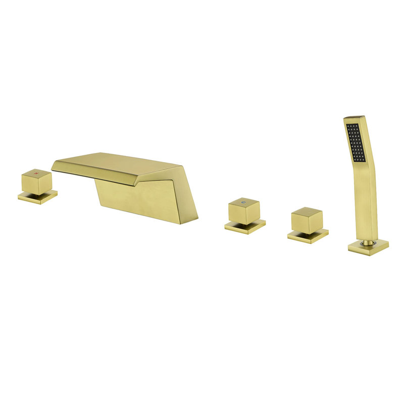 Waterfall Deck Mount Tub Faucet With Handheld Shower 5 Hole Bathtub Faucet Modern Brass 3 Handle Bathtub Fillers