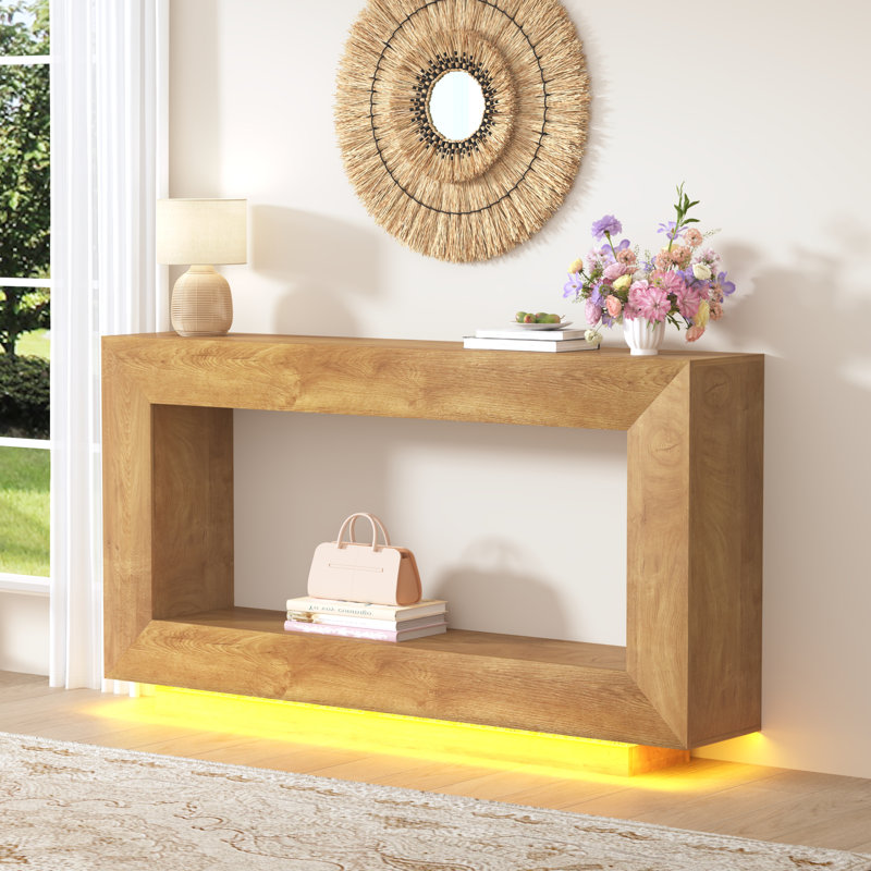 63 Inch Console Table With 6000-Colors Lighting, Long Narrow Sofa Table Behind Couch, Farmhouse Wooden Entryway Accent Table For Living Room, Hallway, Entryway, Foyer