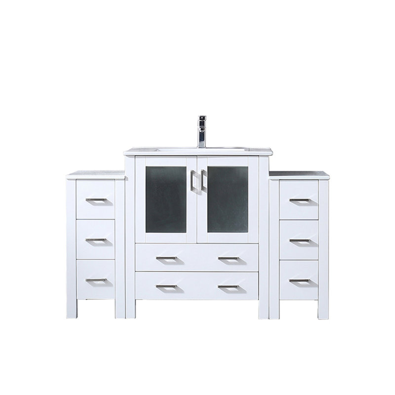 Volez 54 in W x 18.25 in D Single Bath Vanity with Side Cabinets, White Ceramic Top and Chrome Faucet Set, White