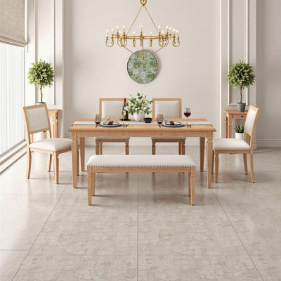 Table de salle à manger extensible pour 6 personnes avec 4 chaises et banc Table de 59 à 72 pouces avec finition patinée et pieds sculptés