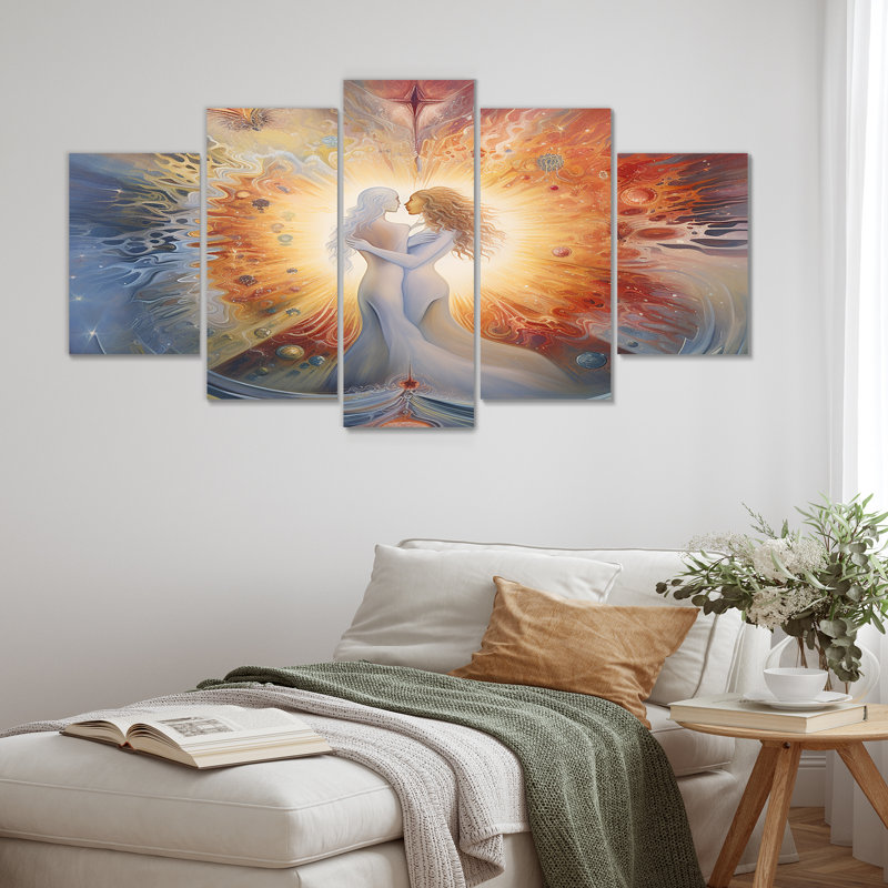 «Divine Love Celestial Union», ensemble de 5 flammes jumelles - femme, déesse, ensemble d'art mural, H 32 po x l 60 po