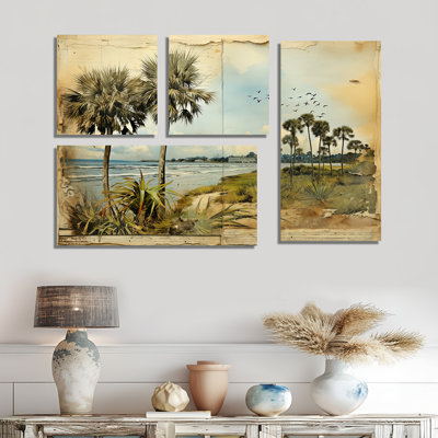 «Vintage Florida Collage Palm Trees and Beach IV - Florida Large Wall Art», 4 pièces