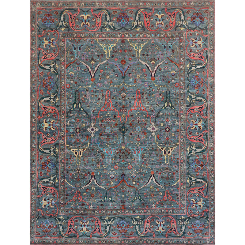 Hand Knotted Wool Area Rug in Blue