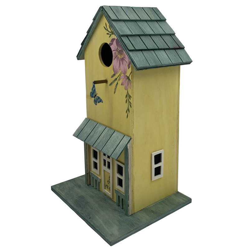 Hand-Painted Yellow and Green Wooden Butterfly Cottage Bird House