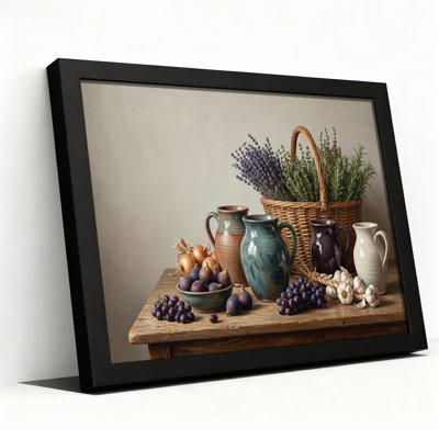 Tableau sur toile représentant des fruits et légumes frais et des pichets en céramique sur une table en bois