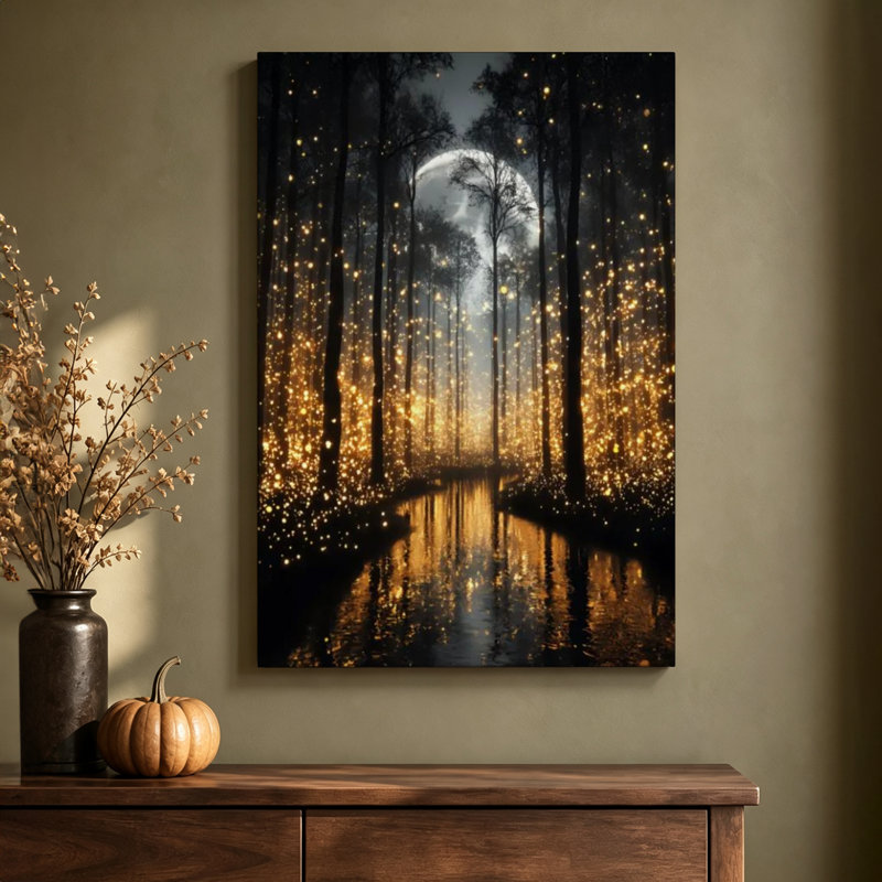 Tableau sur toile tendue représentant une rivière au clair de lune et des lumières scintillantes, 61 x 91 cm (24 x 36 pouces), prêt à accrocher.