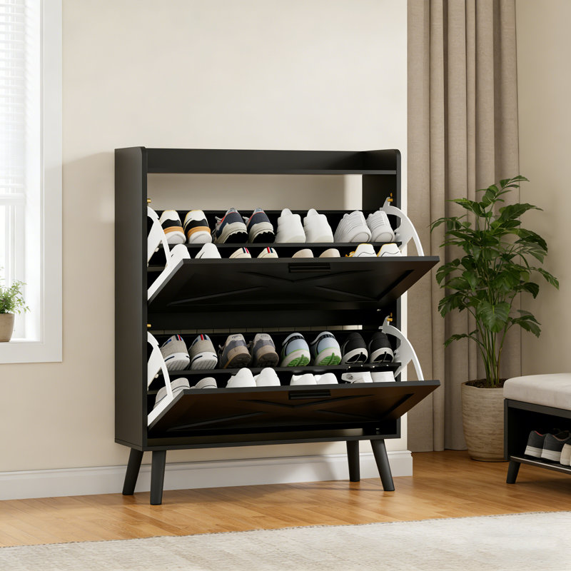 Farmhouse Flip-Top Shoe Cabinet With Barn Door Design, Black