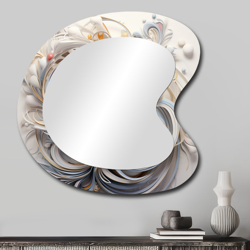White Blossoming Spring Fractal Flowers II - Fractals Unique Shape Large Wall Mirror, White Asymmetrical Decorative Mirror, Printed Metal Art
