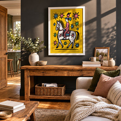 Rider on Starlit Horse Folk Art - Framed Print