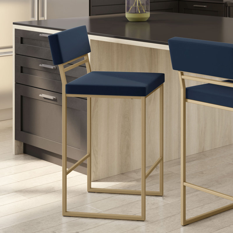 Tabouret de bar et de comptoir Abshir, Tabouret de comptoir (siège d'une hauteur de 26,7, Polyuréthane bleu, Doré