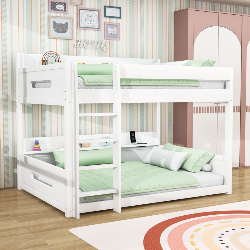 Wooden Queen Over Queen Bunk Bed with Shelves and Charging Stations, White