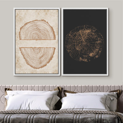 Moody Dark Wood Tree Ring Illustrations, Abstract Boho Pictures, Giclee Canvas Digital Print Framed Wall Art