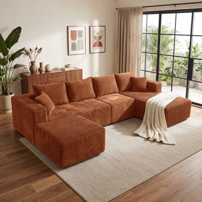 Canapé d'angle en U compressé de 350 cm (137,8 po) pour salon, canapé modulable en tissu flanelle, support à ressorts ensachés et base antidérapante, aucun assemblage requis, orange