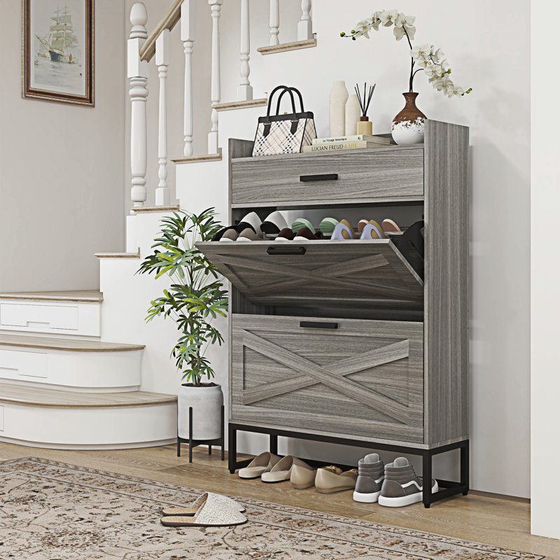 Armoire à chaussures étroite avec 2 portes rabattables et un tiroir supérieur, Gris